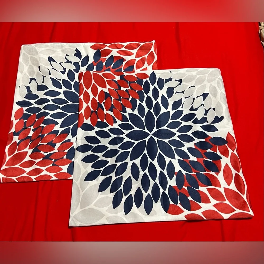 Decorative Floral Burst Accent Pillow - Navy, Red & Gray